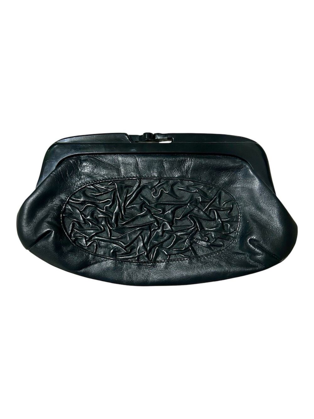 Vintage Black Genuine Leather Frame Mid Century Clutch Lucite Kiss Lock Boho
